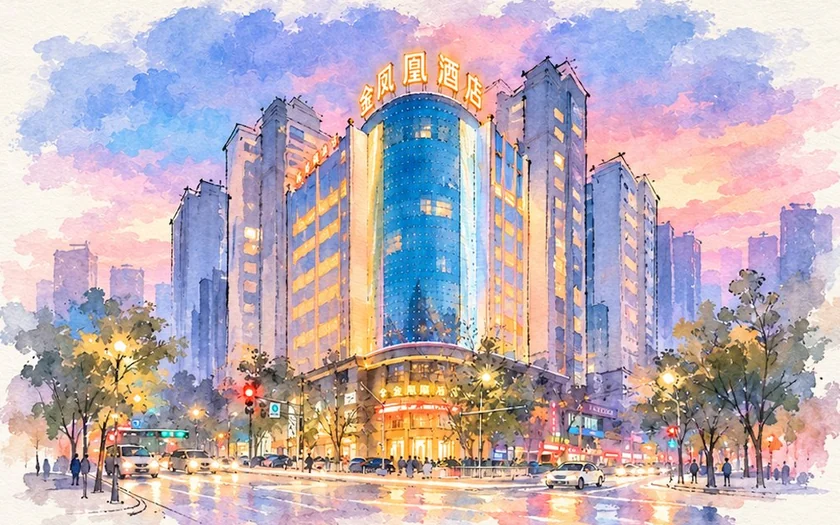 金凤凰酒店手绘水彩插画：暮色中的街口与亮灯的酒店大楼